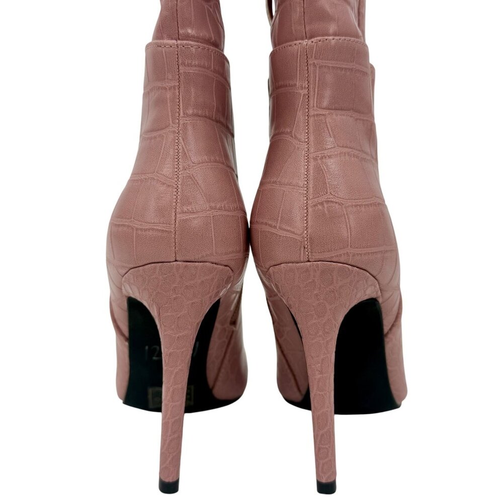 Guess Pink Vegan Croc Pointed Toe Knee High Stiletto Boots | Sexy Baddie Barbie - Picture 5 of 16